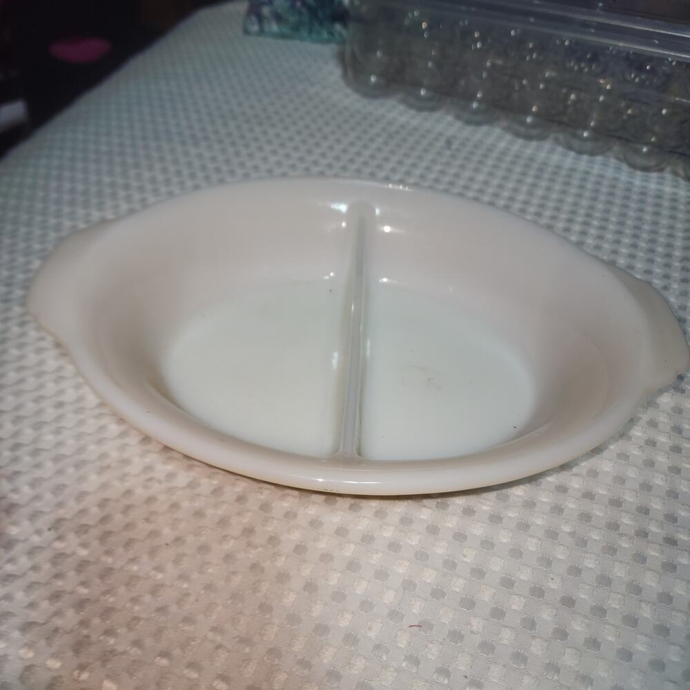 VINTAGE FIREKING DIVIDED CASSAROLE DISH. IRRIDESCENT LUSTRE WEAR DISH
